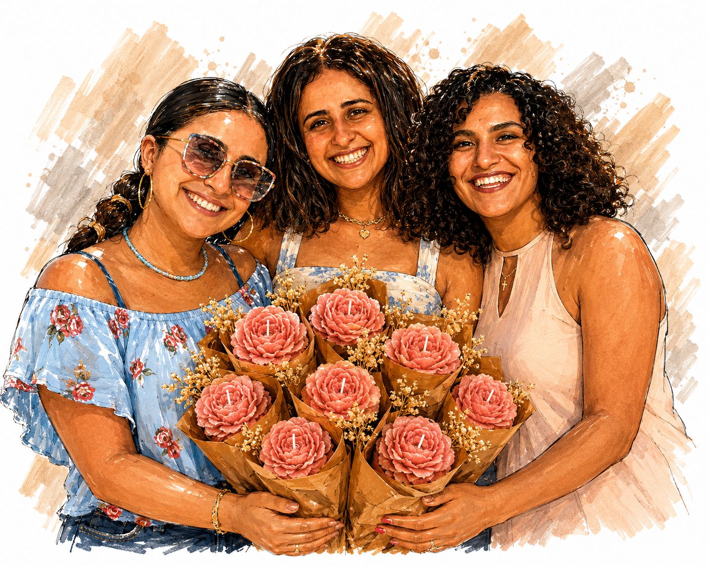 The three Casa Creations founders holding handmade flower candles